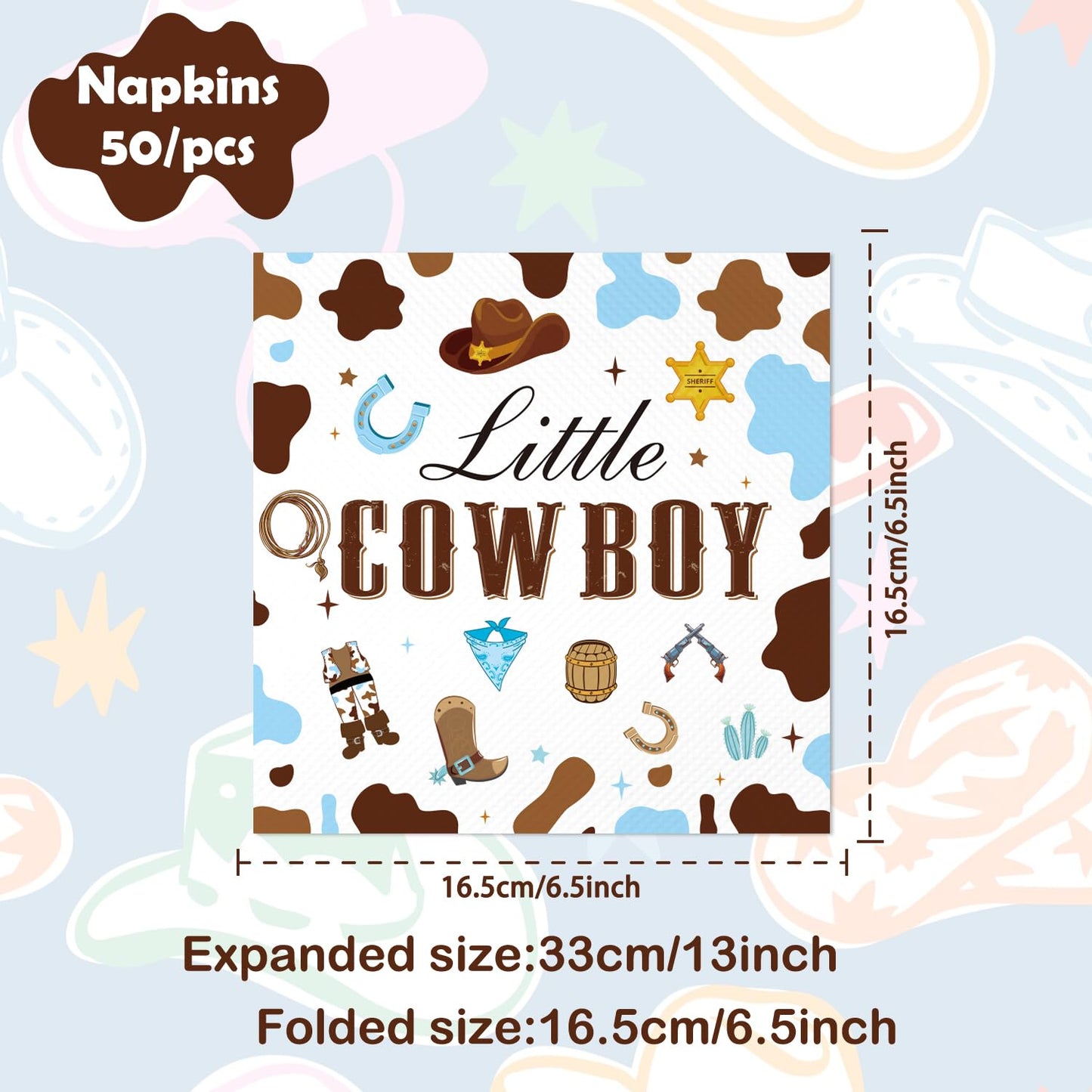 50PCS Cowboy Baby Shower Napkins - A Little Cowboy is on the Way Baby Shower Paper Napkins Western Rodeo Little Cowboy Disposable Napkins 6.5" x 6.5"