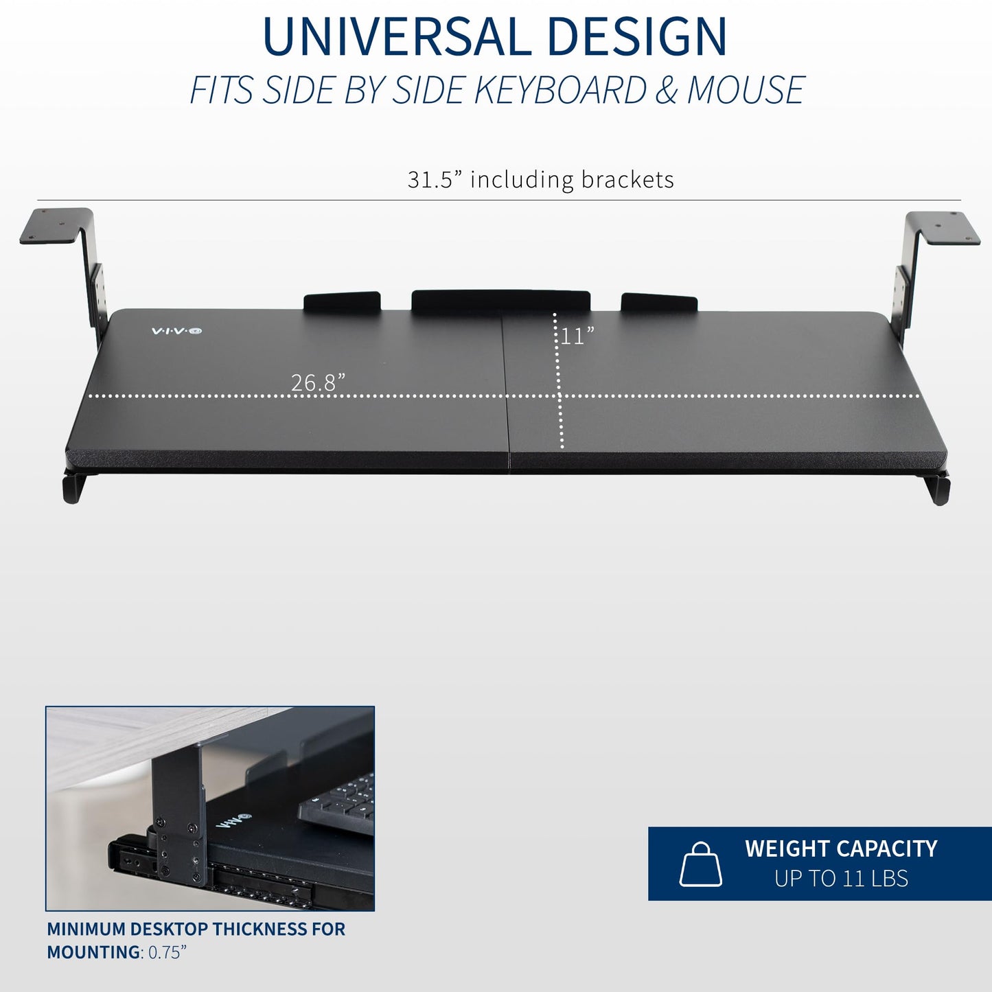 VIVO Large Height Adjustable Under Desk Keyboard Tray, 27 x 11 inch Slide-Out Platform Computer Drawer for Typing, Black, MOUNT-KB27HB
