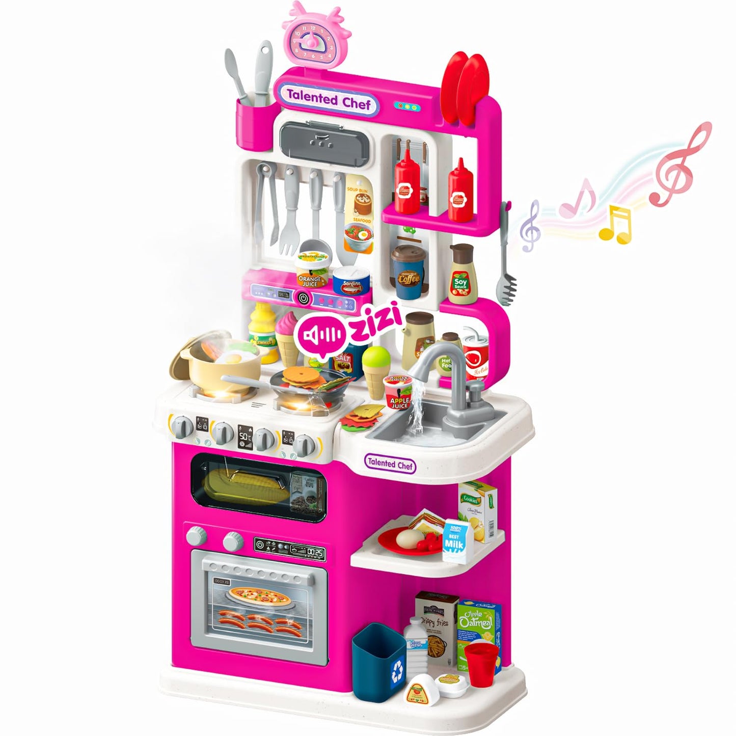 96PCS Kids Play Kitchen with Sound & Light, Cooking Stove with Steam, Play Food Toy Set for Boys and Girls (Pink)