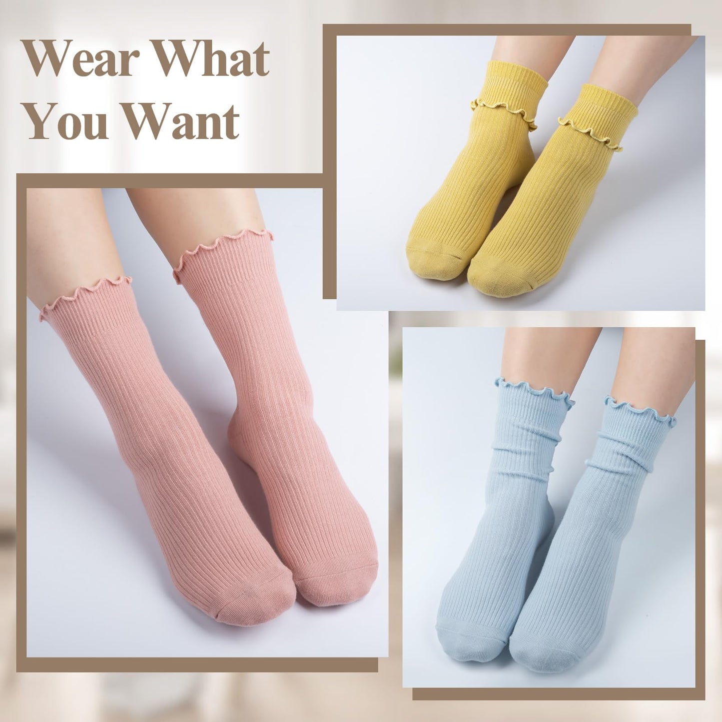 6 Pairs Cute Ruffle Socks Women, Womens Crew Frilly Turn-Cuff Dress Soft Breathable Novelty Colorful Girls Ankle Socks 5-10