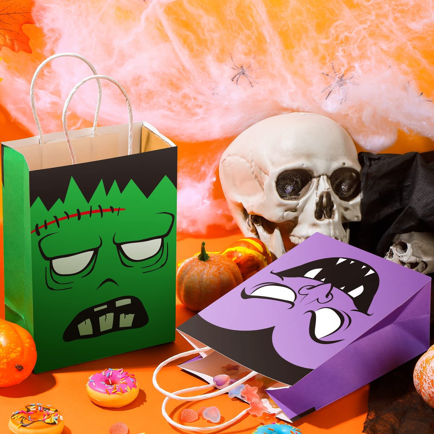 24 Pcs Halloween Treat Bags Halloween Paper Gift Bags with Handles Candy Bags Goodie Bags for Holiday Treats Snacks Kids Halloween Party Favors Supplies (Vivid Style)