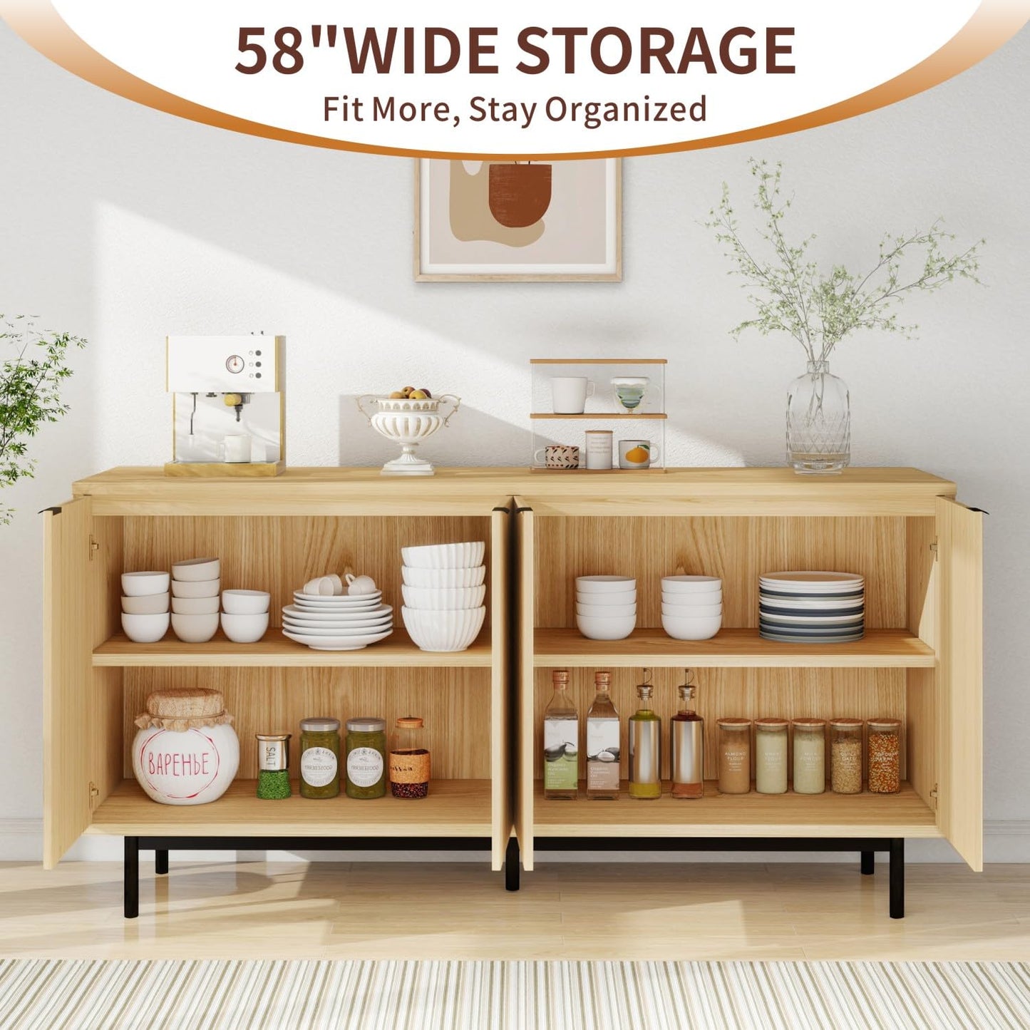 58" Modern Fluted Sideboard Buffet Cabinet in Natural Oak, Accent Storage Console with Adjustable Shelves for Dining Room, Living Room