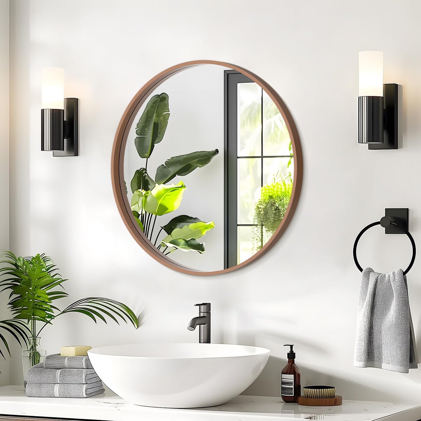 WallBeyond Wood Round Mirror with Wood Frame 24 inch Circle Wall Mirror for Bathroom Round Wall Mirror for Wall Decor, Vanity, Entryway Living Room (Walnut)