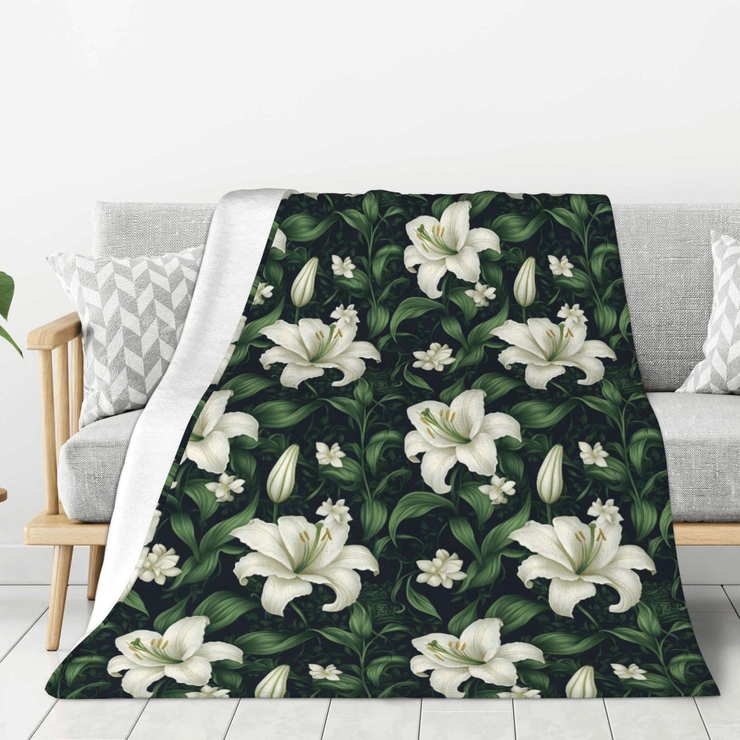 White Lily Leaves Print Throw Blanket for Couch Sofa Bed, Super Soft Lightweight Cozy Fuzzy Warm Flannel Plush Throw Blanket 80"x60" - All Season Use