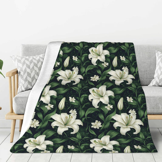 White Lily Leaves Print Throw Blanket for Couch Sofa Bed, Super Soft Lightweight Cozy Fuzzy Warm Flannel Plush Throw Blanket 80"x60" - All Season Use