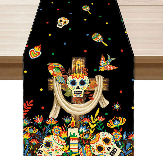 XCHI Cross Sugar Skull Birds Flowers Dia De Los Muertos Table Runner Day of The Dead Mexican Table Decoration for Home Kitchen Dining Holiday Fiesta Themed Party Decor 13x72 Inch