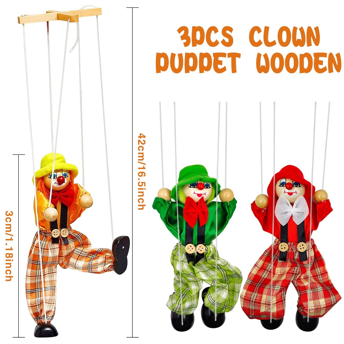 3Pack Wooden Marionette Puppets Clown Pull String Puppets Movable Hands and Feet,Include 6 Colors Clown Doll Interactive Toy for Birthday Theater Pretend Play Puppetry Party (3)