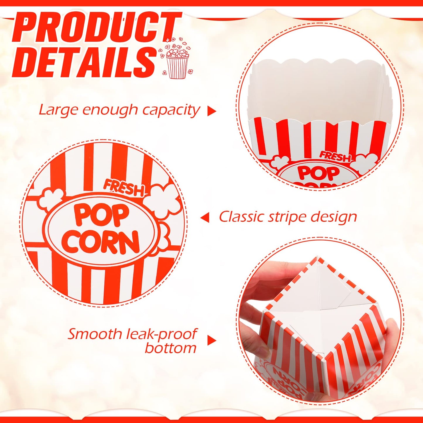 Xinnun 100 Pcs Popcorn Boxes 32oz Classic Stripe Paper Buckets Disposable Oil Proof Popcorn Container Retro Open Top Box for Movie Night Supplies Theaters Carnival Birthday Party(Red and White)