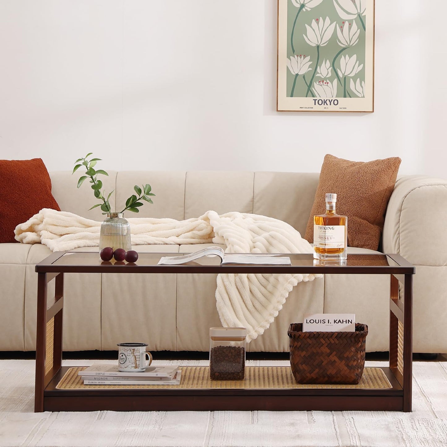 Welnow Rattan Coffee Tables for Living Room, Modern 2-Tier Coffee Table, Mid Century Rectangle Coffee Table with Storage Shelf & Glass Top, Large Boho Center Table for Apartment, Walnut
