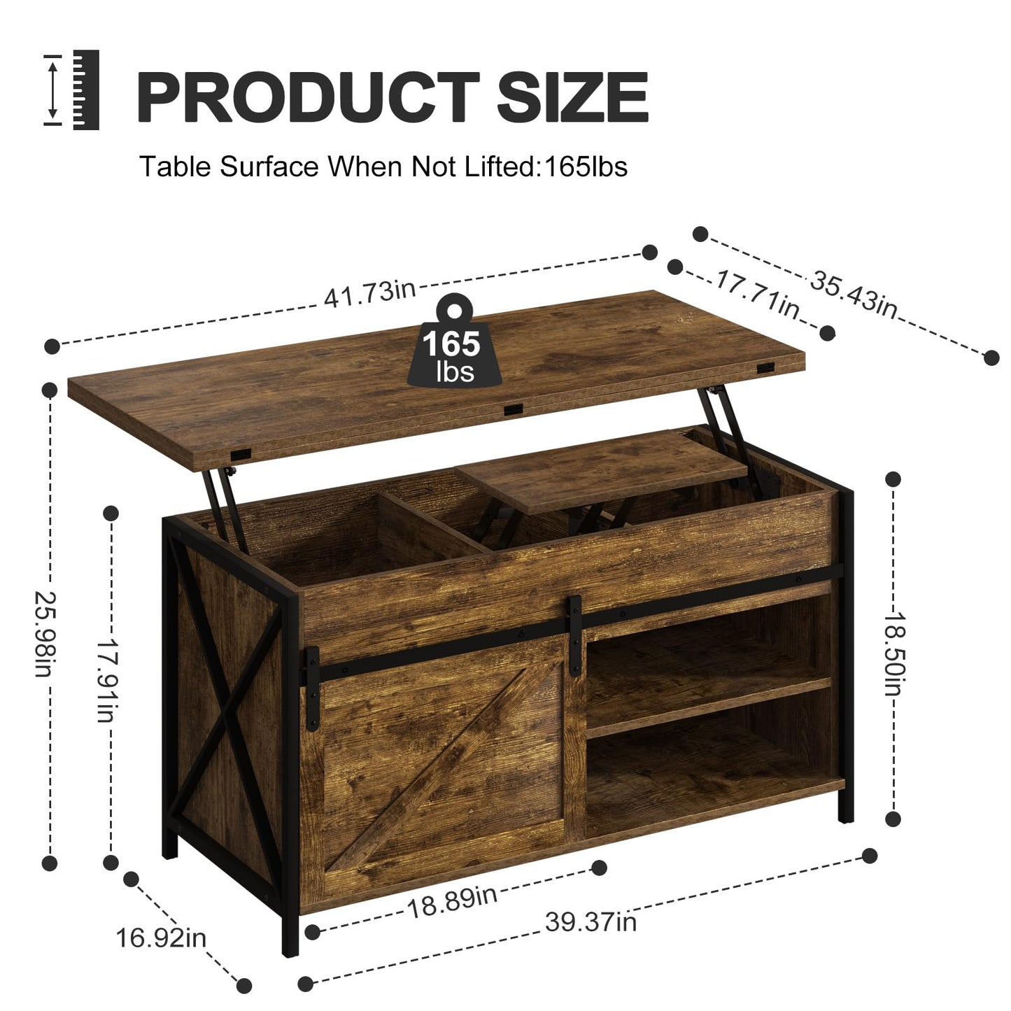 Vividwood Lift Top Coffee Table with Storage and Sliding Door, 4 in 1 Multi-Function Convertible Tea Table with Hidden Compartment, Farmhouse Center Table with Wood Lift Tabletop for Living Room Brown