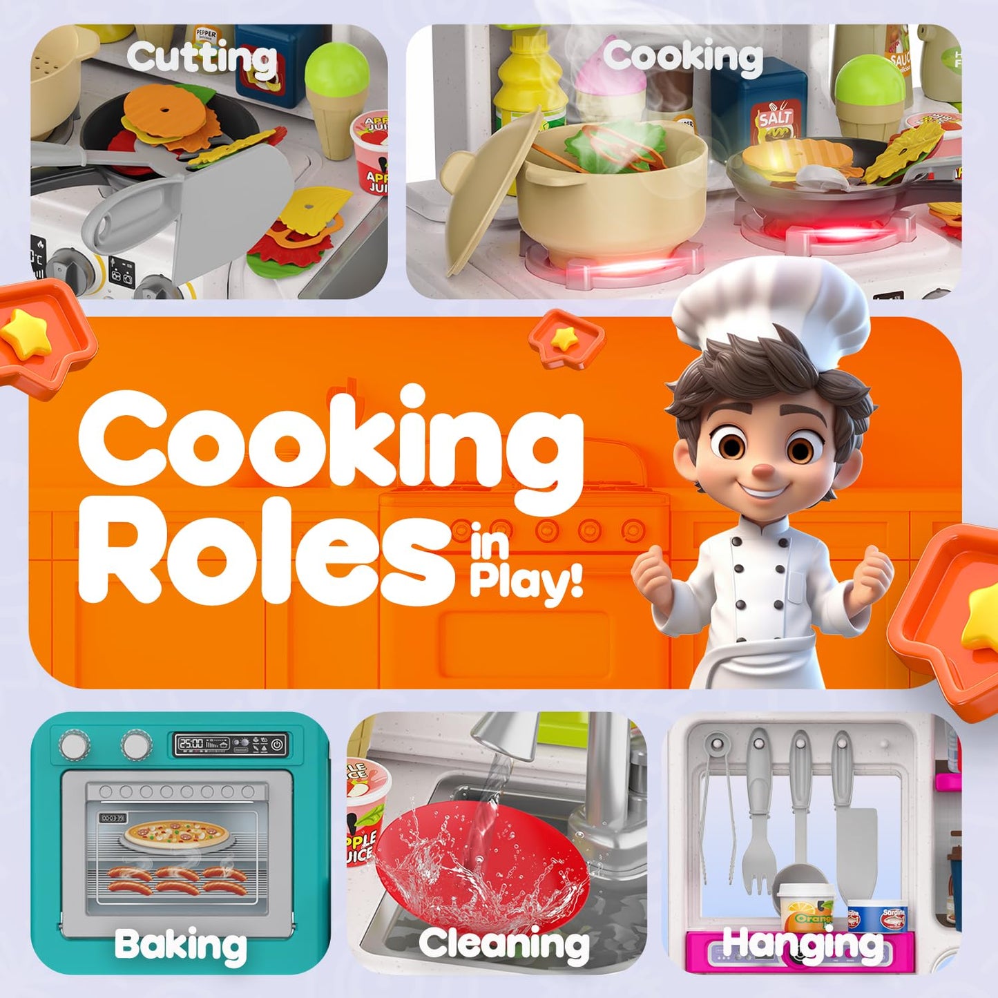 96PCS Kids Play Kitchen with Sound & Light, Cooking Stove with Steam, Play Food Toy Set for Boys and Girls (Pink)