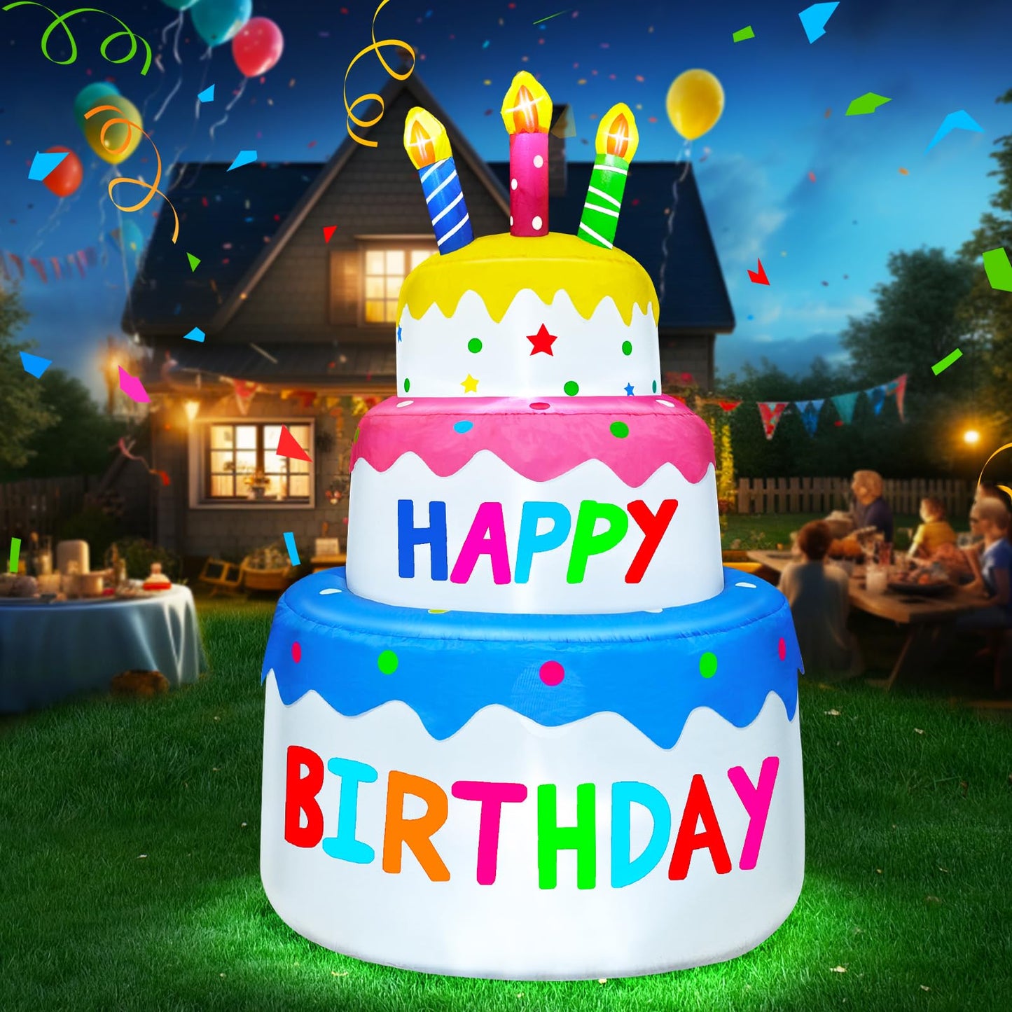 6 Ft Inflatable Happy Birthday Cake Decorations Outdoor Lighted Blow Up Holiday Birthday Party Decor with Candles 6 LED Lights for Indoor Home Celebration Garden Lawn Yard Prop Sign