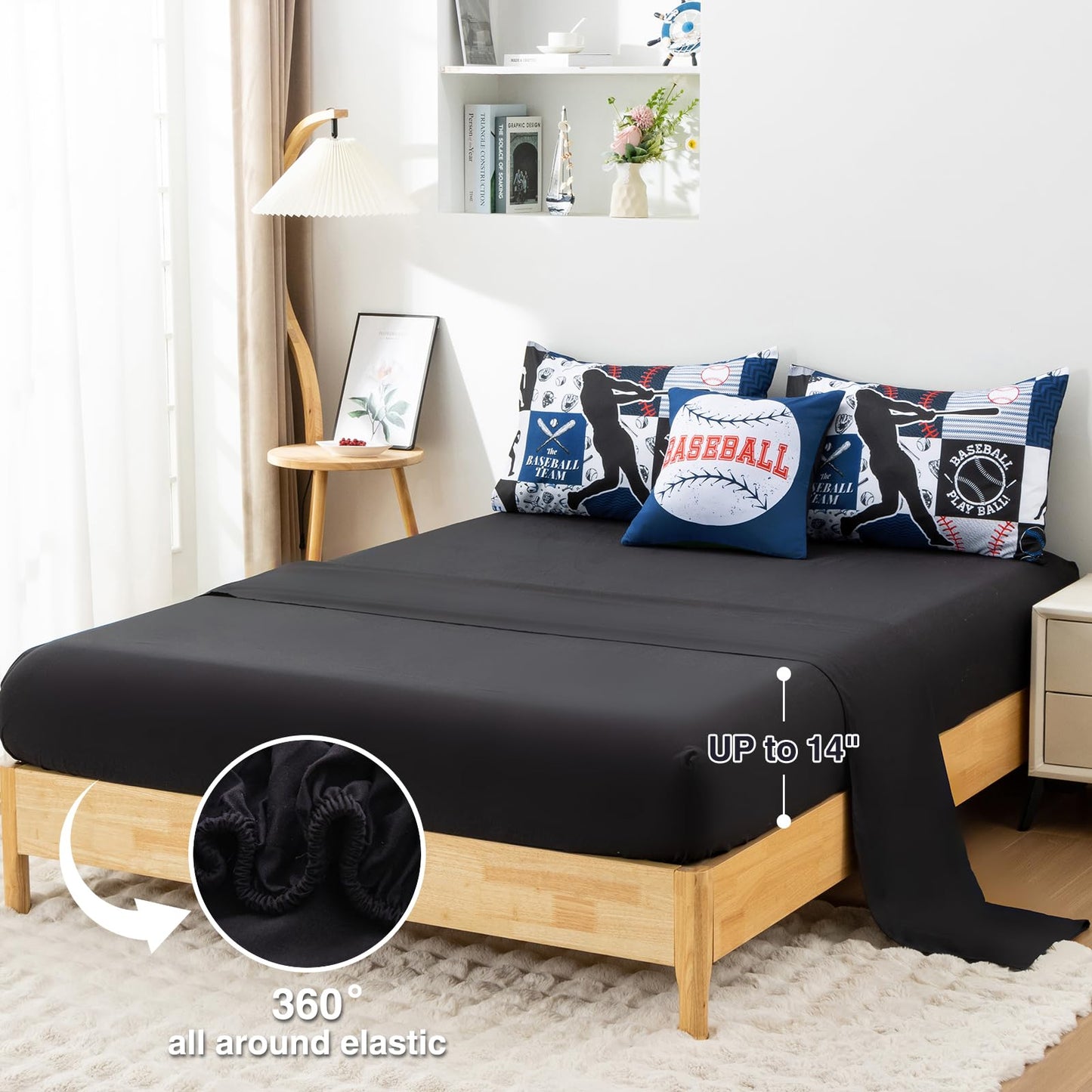A Nice Night Sports Geometric Grid Black Patchwork Baseball Printed for Boys Twin 6Pcs Bed in A Bag Comforter Bedding Set,Blue