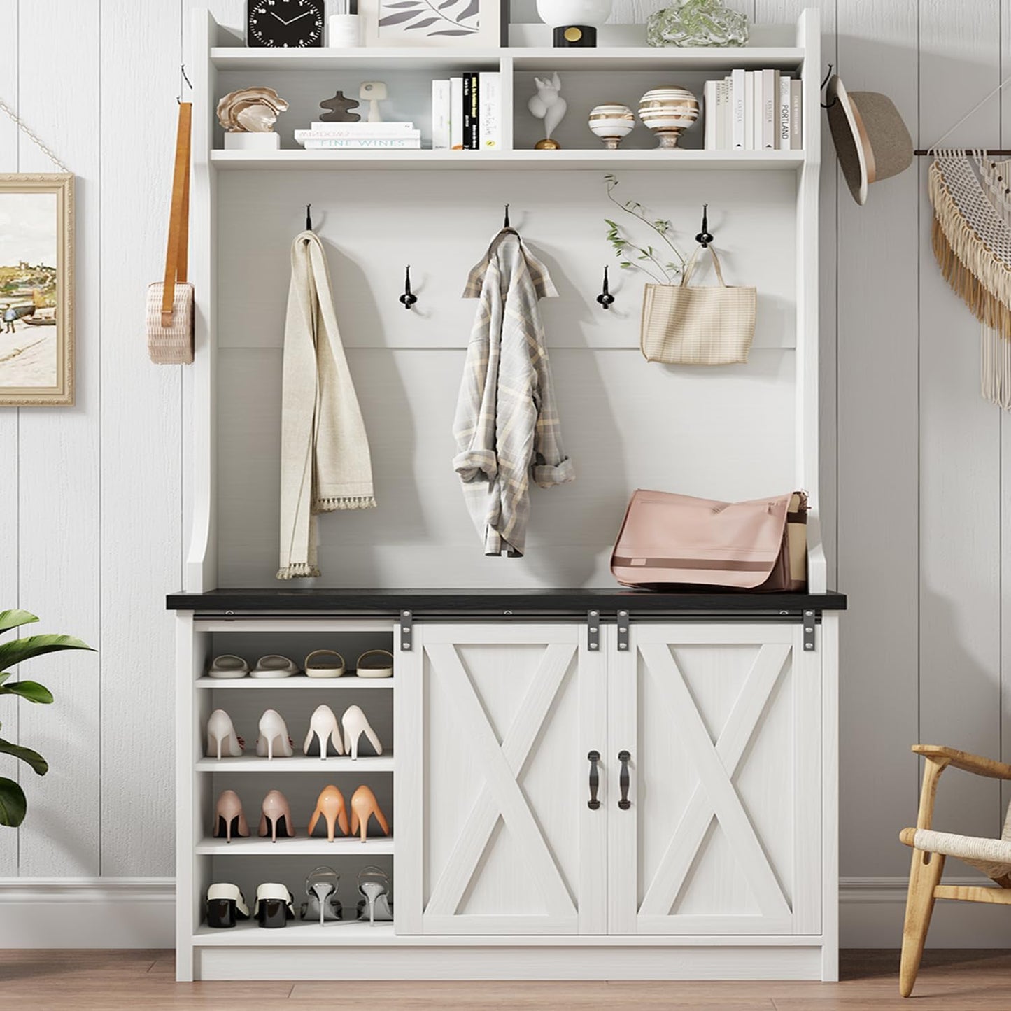 4ever2buy Hall Tree with Bench and Shoe Storage, 5-in-1 Entryway Bench with Coat Rack, Entryway Hall Tree with Adjustable Shelf, White