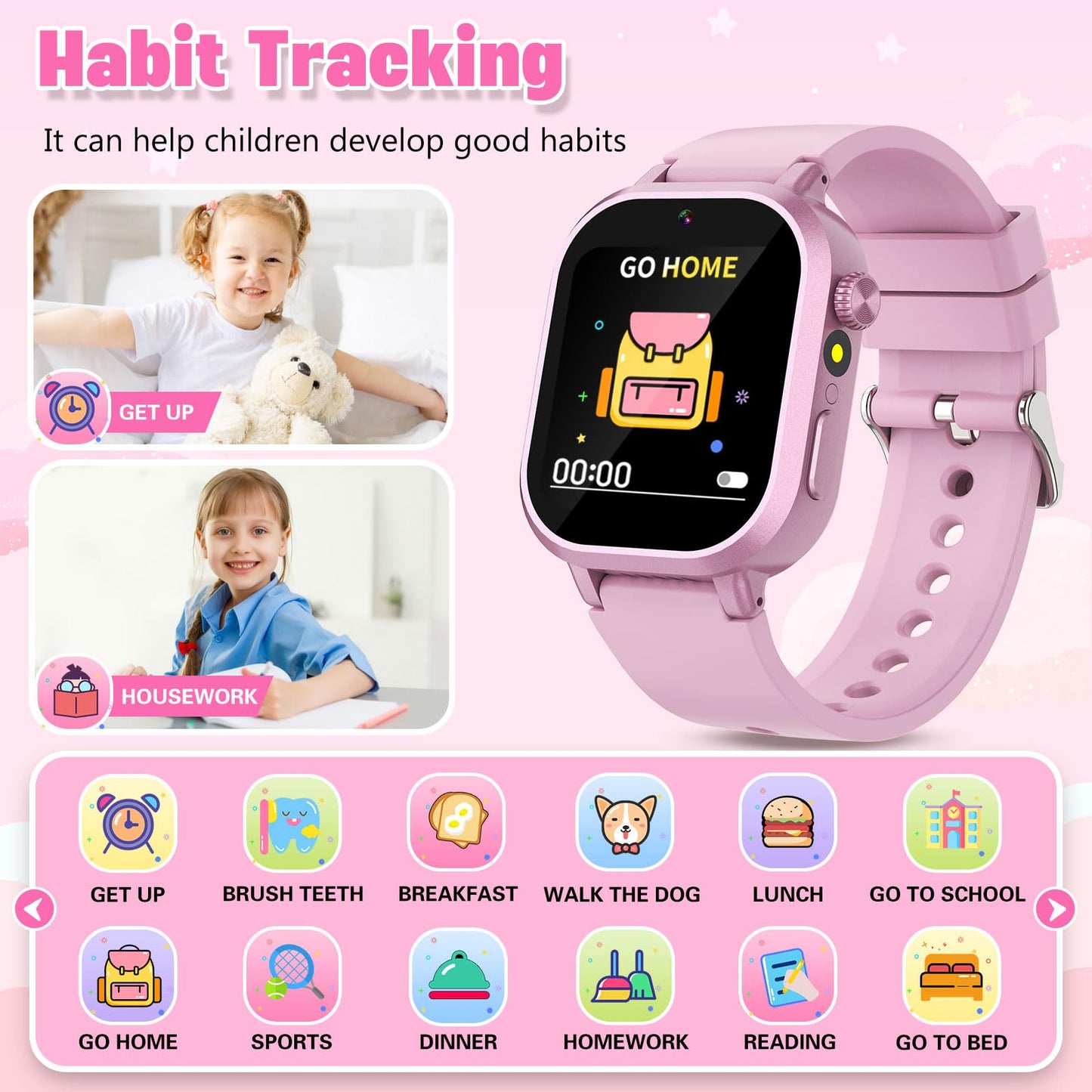 Wiszodet Kids Waterproof Smart Watch Girls Gift Age 3-12 with 39 Game HD Touch Screen Music Player Video Camera Pedometer Alarm Clock Birthday Gift for 6 7 8 9 Year Olds Pink