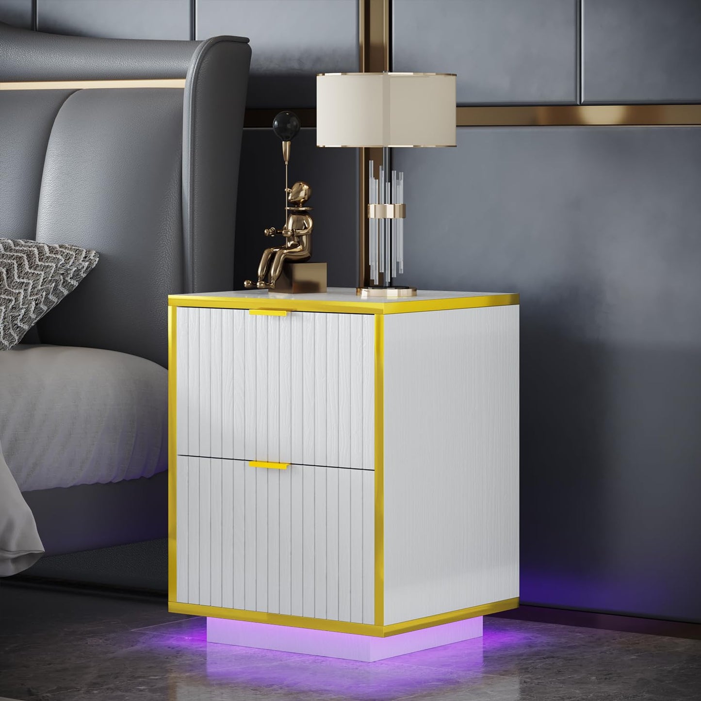 White and Gold Nightstand with 2 Fluted Drawers, 18 Inch Night Stand with Storage, White Night Stand with Golden Handles, Mid Century Modern Nightstand for Bedroom,White and Gold