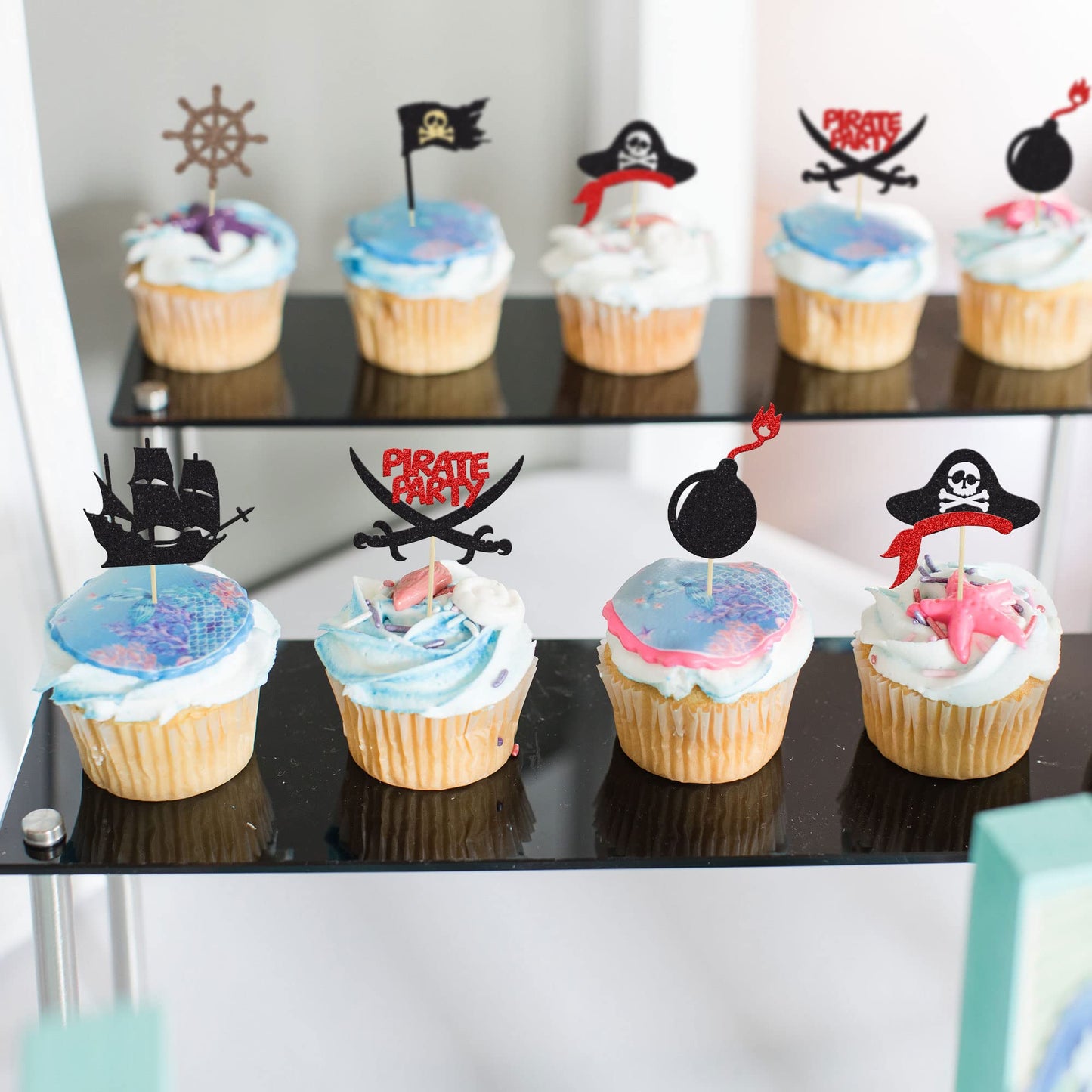 24Pcs Pirate Cupcake Toppers Black Glitter Nautical Sailing Skull Cap Cupcake Picks for Pirate Theme Baby Shower Kids Birthday Party Cake Decorations Supplies