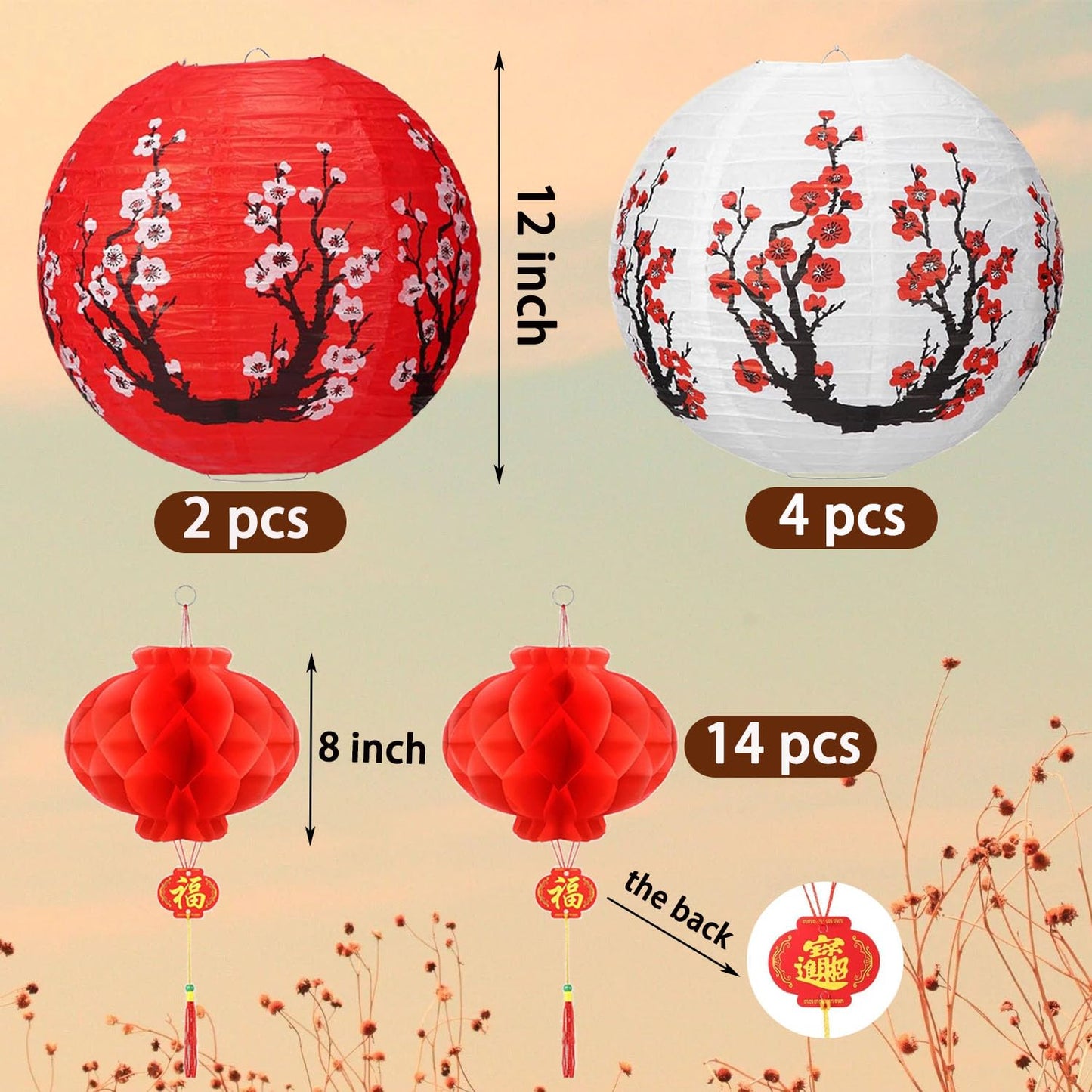 20 Pcs Chinese Japanese Paper Lanterns, Chinese New Year Lantern Decoration, Cherry Blossom Decorative Hanging Lanterns, Spring Festival Cherry Blossom Lanterns Ornaments