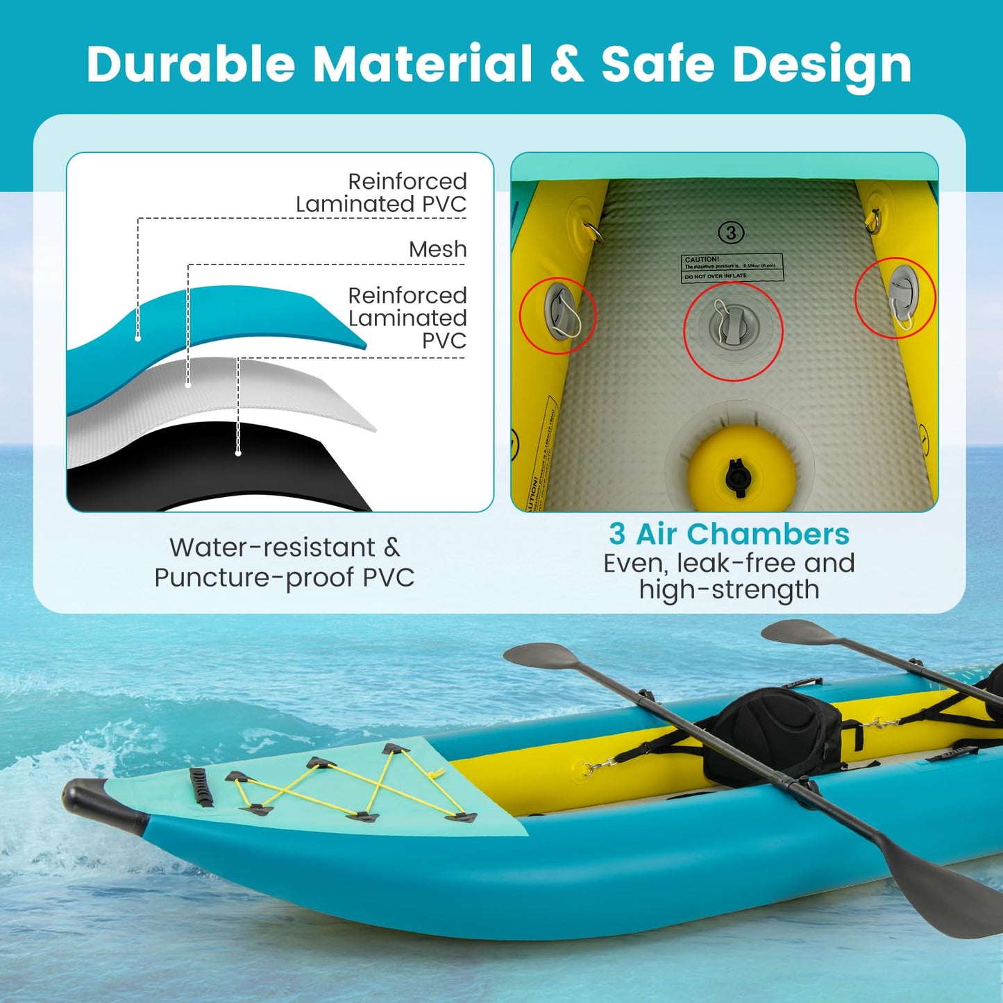 GYMAX Inflatable Kayak, 12.5Ft 507lbs Tandem Kayak with 2 Aluminum Paddles, 2 Padded Seats, 2 Fins, Hand Pump, Carry Bag & Repair Kit, 2 Person Fishing Touring Kayak for Adults Youth (Green)