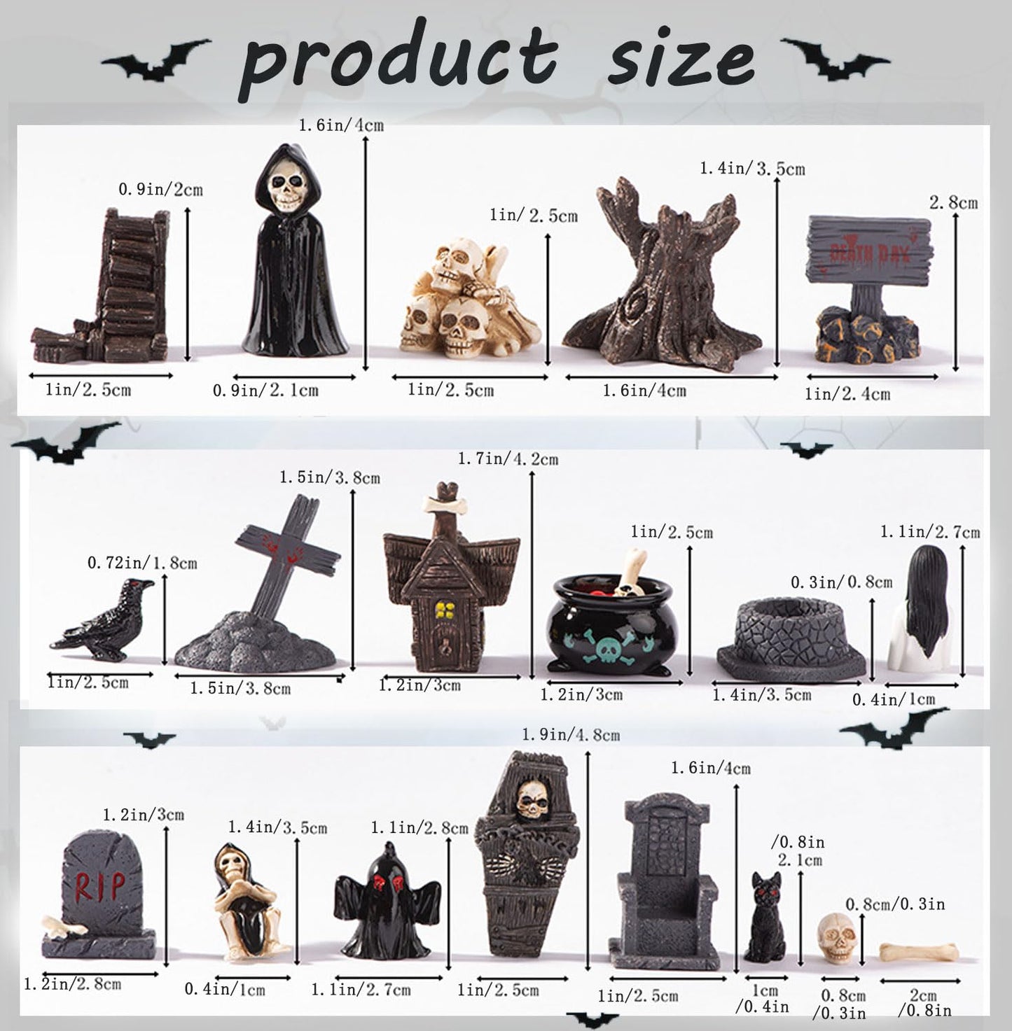 19pcs Halloween Mini Figurines - Creative Miniature Skull Heads, Crow, Tombstone Scene Ornaments Set - Horror Village Collections - Resin Crafts for Party Favors, Tabletop Decor
