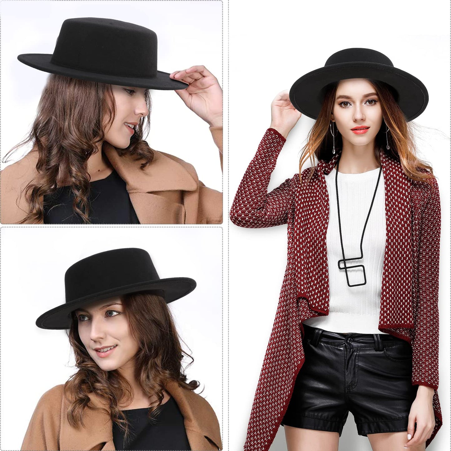 YEAJOIN Fashion Classic Black Fedora Flat Hat Medium Size, Wide Brim Jazz Hats Church Derby Cap for Women and Men