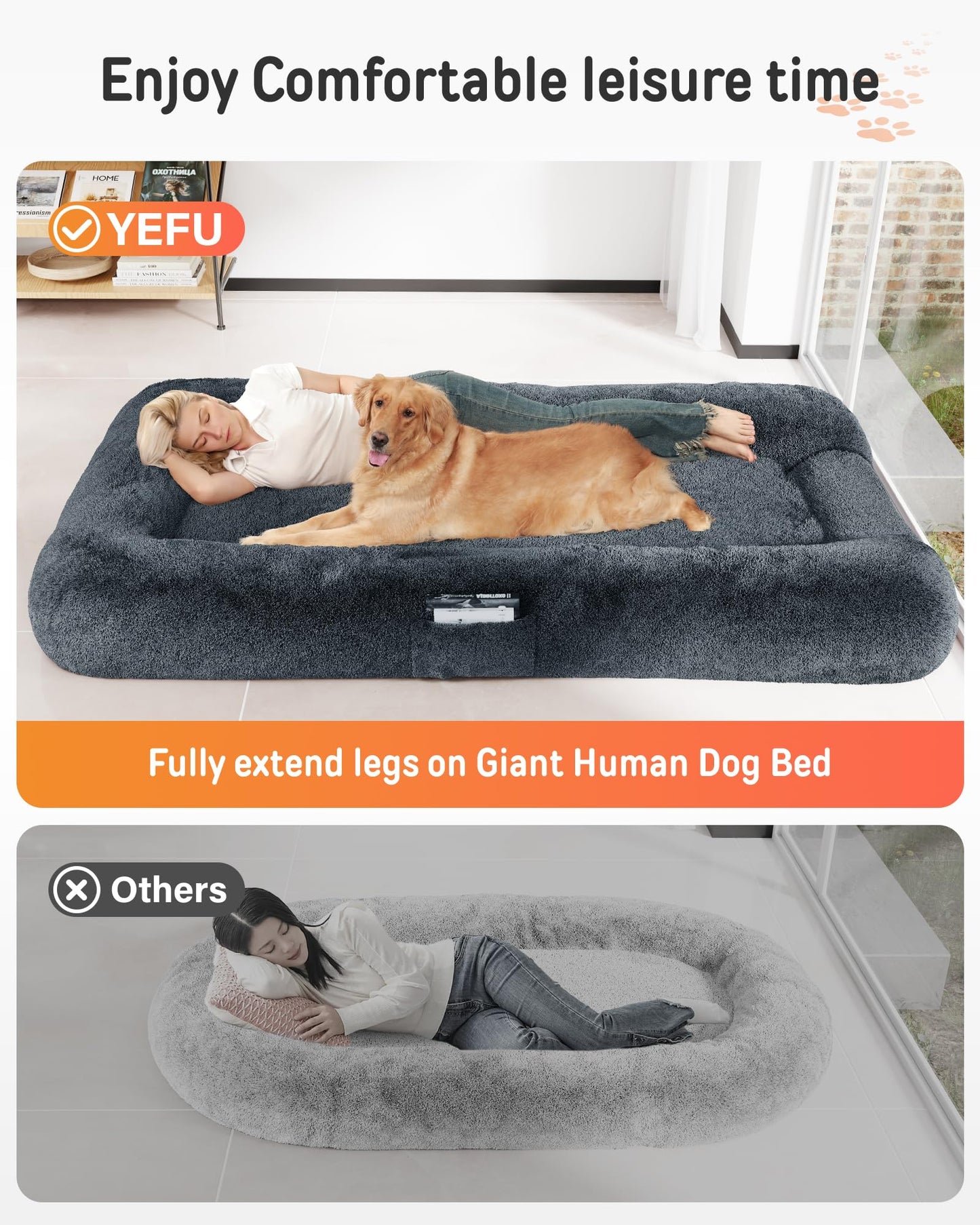 YEFU Human Dog Bed, 78.7"x44.8"x11.8"Human Dog Bed for Adult, Human Size Dog Bed with Washable Cover and Anti-Slip Bottom, Giant Dog Bed for Humans for nap and Floor Bed, Dark Grey