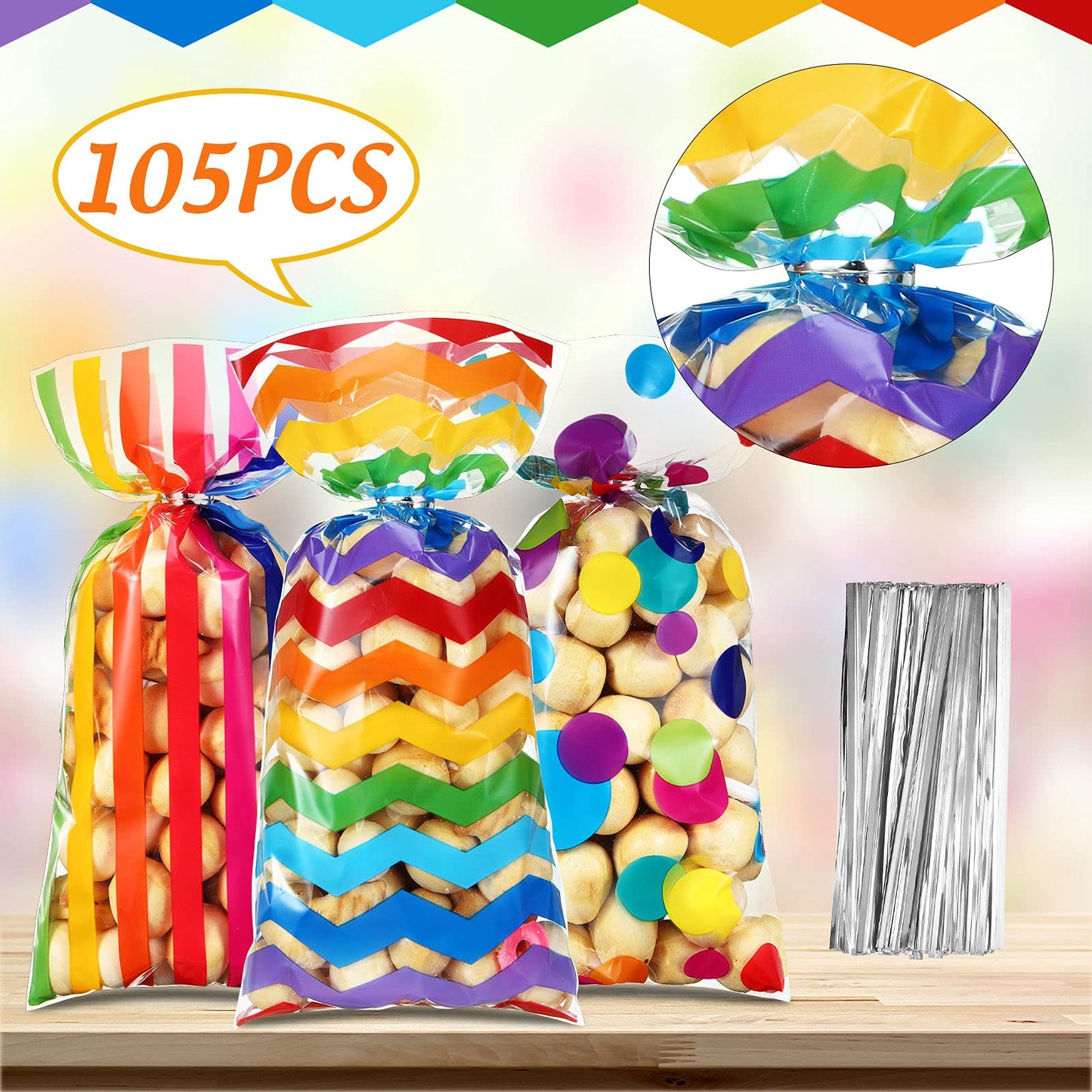 105 Pcs Rainbow Cellophane Treat Bags Bulk Plastic Polka Dot Stripes Goodie Candy Favor Bags with Twist Ties for Back to School Party Favors Anniversary Wedding Baby Shower Birthday Supplies