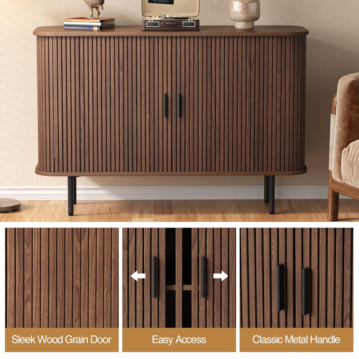 47''W x 32''H Walnut Storage Cabinet, Fluted Sideboard Buffet Cabinet with Storage, Console Table Credenza with Tambour Slatted Sliding Doors, TV Stand for Living Room, Kitchen