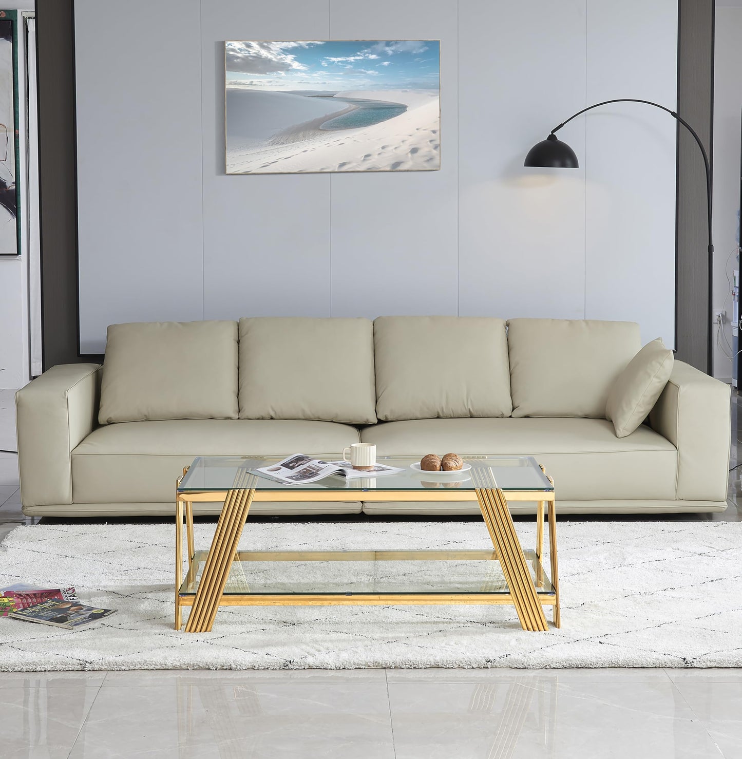 47" Modern Coffee Table, Double-Layer Clear Tempered Glass Table Top with Stainless Steel Frame, Center Table with Storage, for Living Room Home Office, Gold