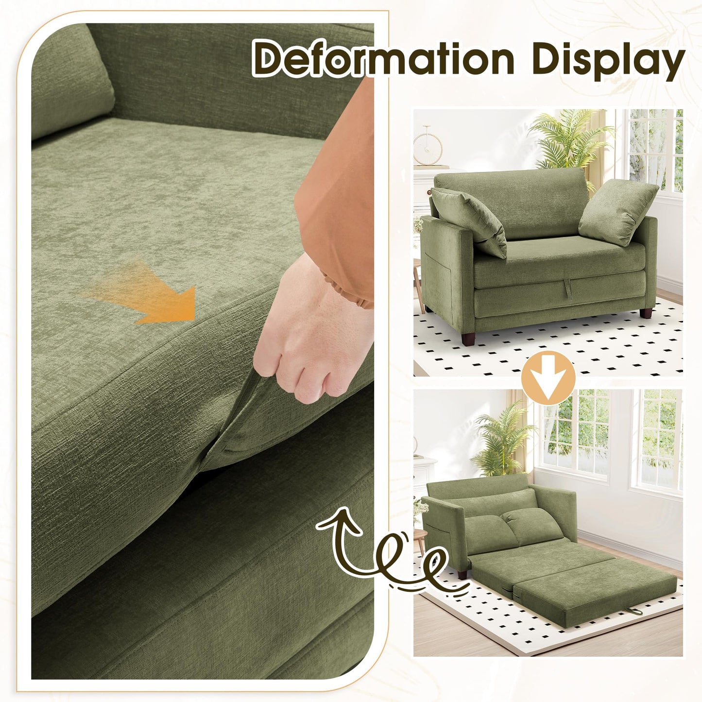 51" Convertible Loveseat Sofa Bed, 2 in1 Folding Sofa Bed, Loveseat Sleeper Sofa for Small Spaces, Fold Out Floor Couch with 2 Pillows for Apartment, Living Room & Guest Room, Green Chenille Fabric