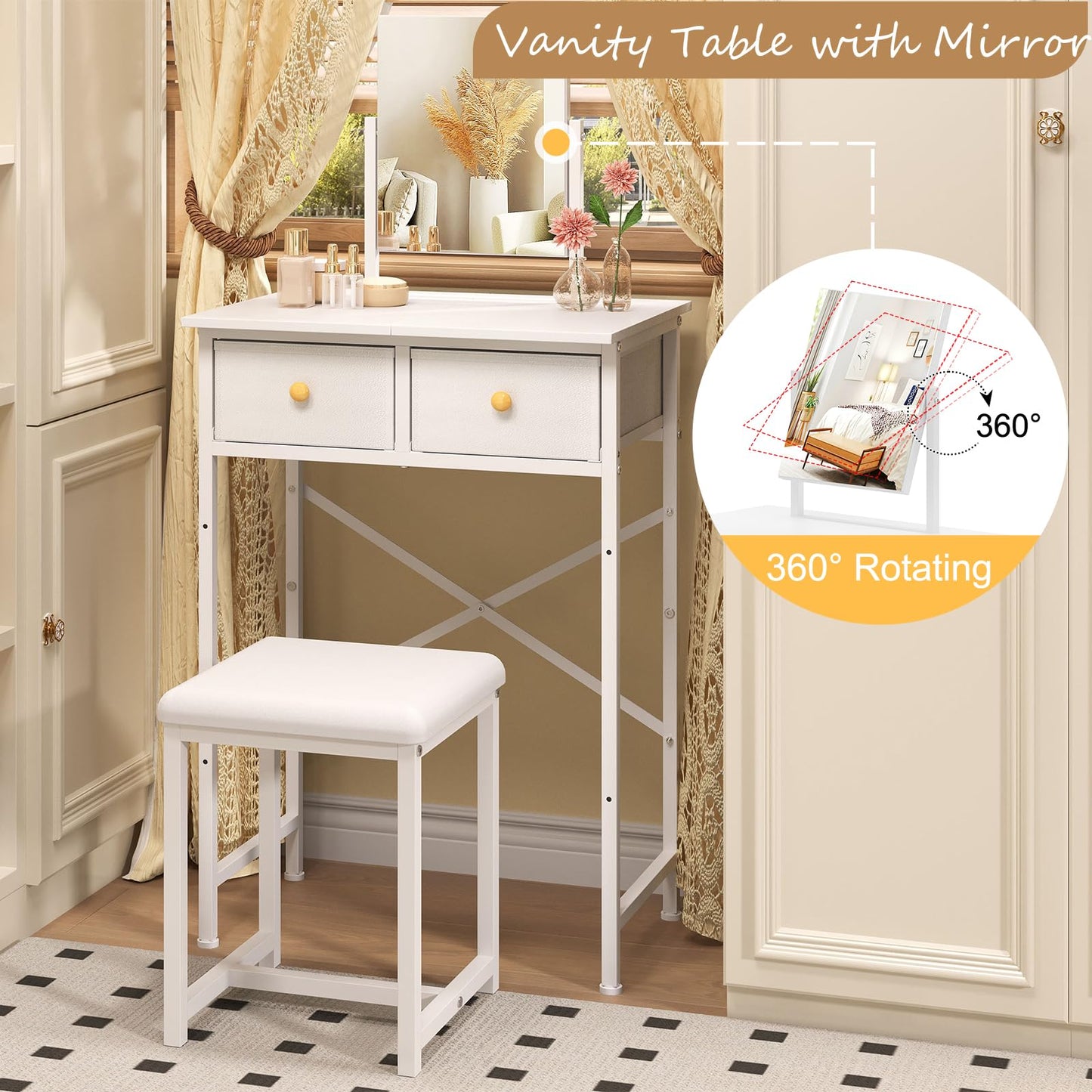 X-cosrack Small Makeup Vanity Desk with Mirror & Chair, Mini Vanity Desk Table Set with Fabric Storage Drawer, 19.7" Compact Vanity Desk for Girls, Dressing Table with Chair for Bedroom, White