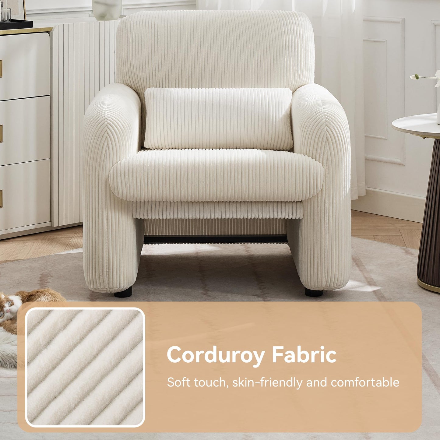 WUTUTUEE Corduroy Fabric Accent Chair, Modern Upholstered Living Room Chairs with Lumbar Pillow, Wide Comfy Leisure Armchair for Bedroom, Office, Reading, White