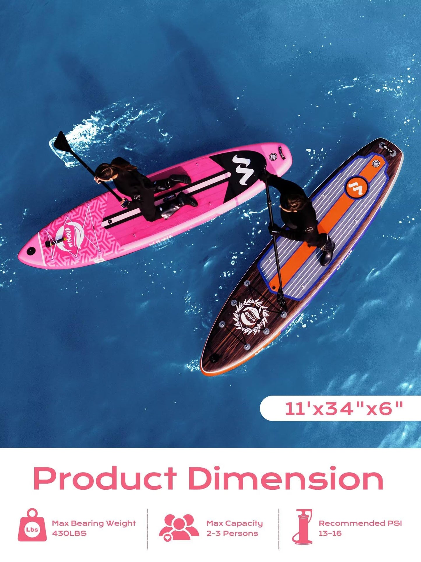 WNOVA Extra Wide Inflatable Paddle Board, 11' x 34" x 6" Stand Up Paddle Board for Adults, SUP Accessories with Camera Mount, 2+1 Family for Lake, Ocean, Sea,Pink Girl