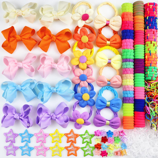 875Pcs Hair Accessories Girls Baby Hair Ties Seamless Cotton Elastics Hair Bands for Toddler Rubber Tie Bow Hair Clips Flower Claws Assorted Ponytail Holders Soft for Thin Hair Braids Kids Little One