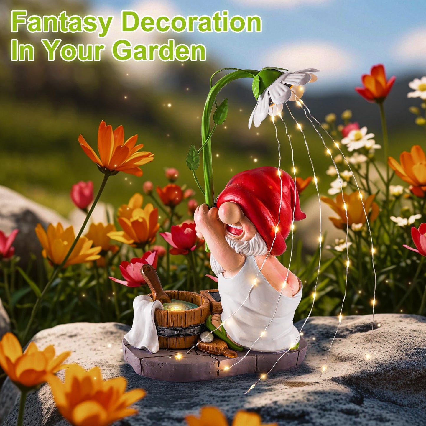 WINTS Garden Gnomes Outdoor Statue with Solar Lights,Bathing Funny Gnome Solar Garden Decorations for Lawn, Balcony,Yard,Patio Gnome Gifts for Mom