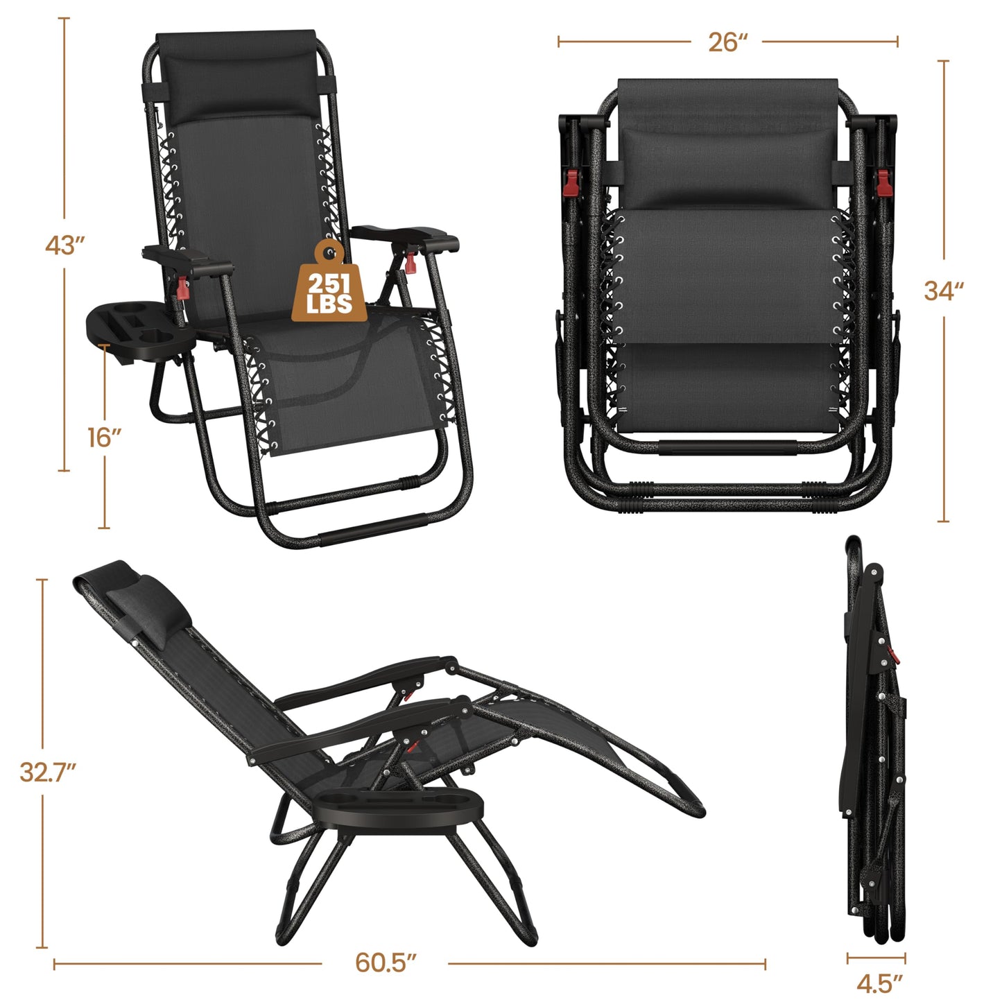 Yaheetech Zero Gravity Recliners Outdoor Adjustable Folding Reclining Lounge Chairs w/Pillows, Cup Holder Trays and Carry Strap for Patio Backyard Beach Black Set of 2
