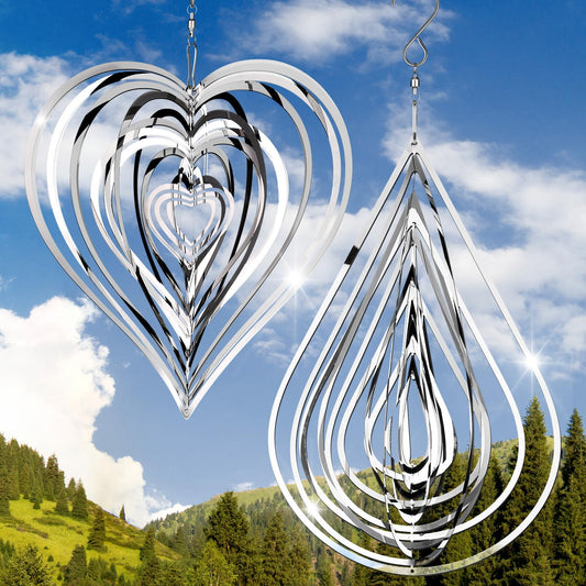 2 Pieces Heart Wind Spinner Outdoor Metal 3D Hanging Flowing Stainless Steel Mirrored Patio Wind Chime Decor for Yard Garden Balcony Women (Silver)