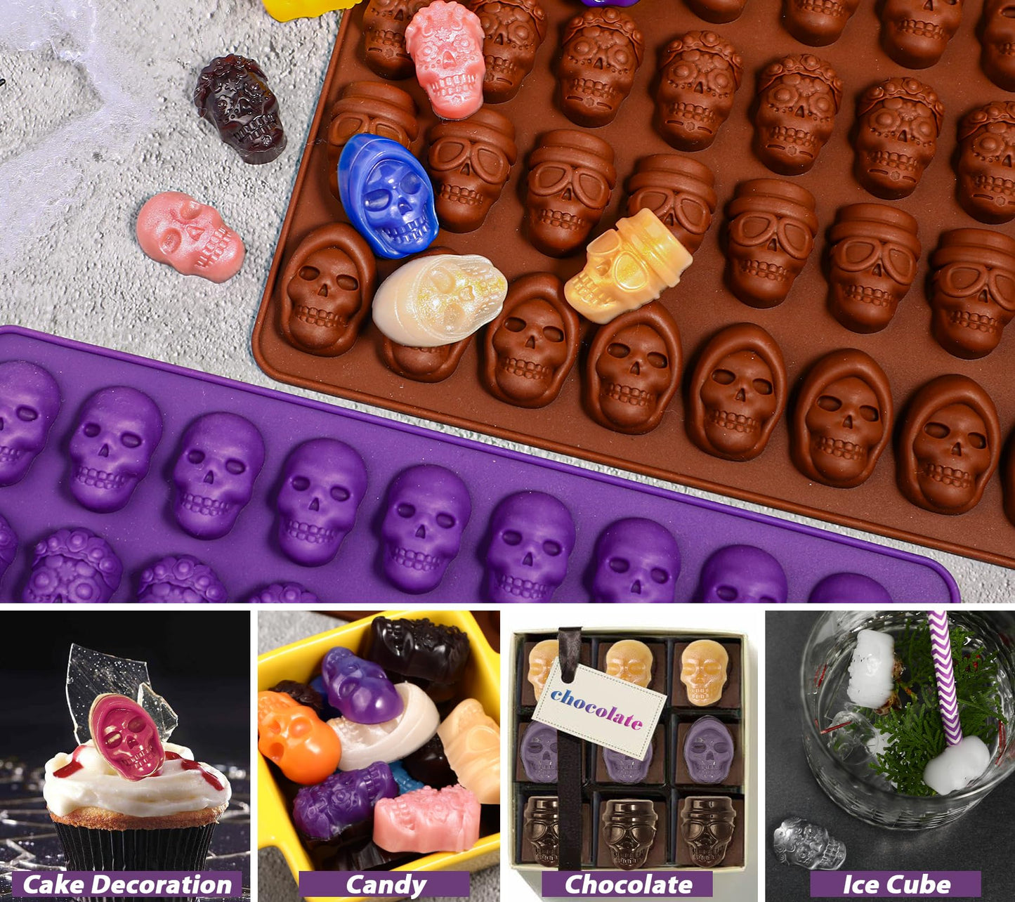 Webake Mini Skull Candy Mold with 4 Different Shapes, 36-Cavity Halloween Skull Silicone Chocolate Candy Mold for Gummy, Chocolate, Candy, Jello, Cupcake Decoration（2PCS）