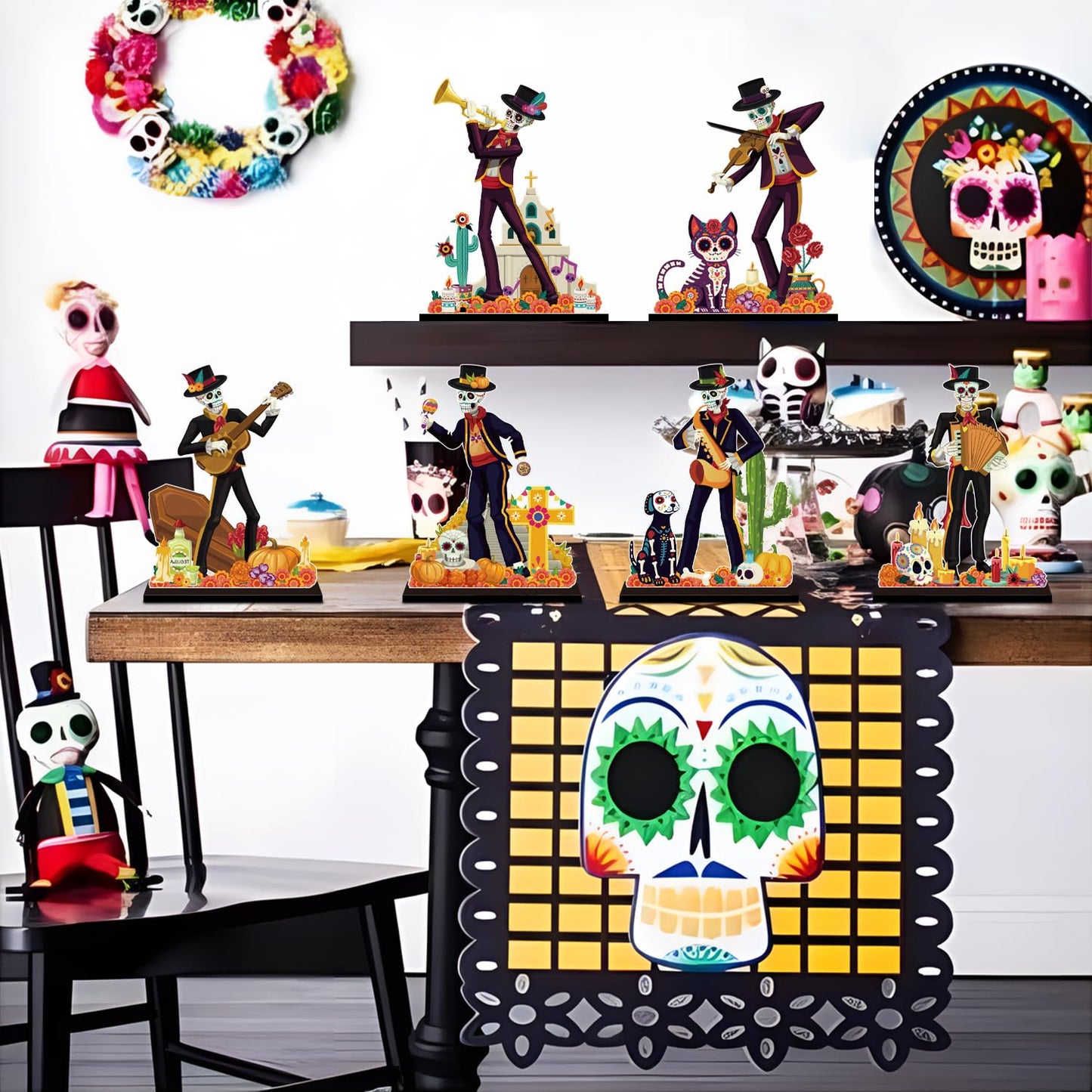 6Pcs Dia De Los Muertos Decorations Wooden Table Centerpiece Day of the Dead Decorations Sugar Skull Table Decor for Mexican Fiesta Tiered Tray Decor