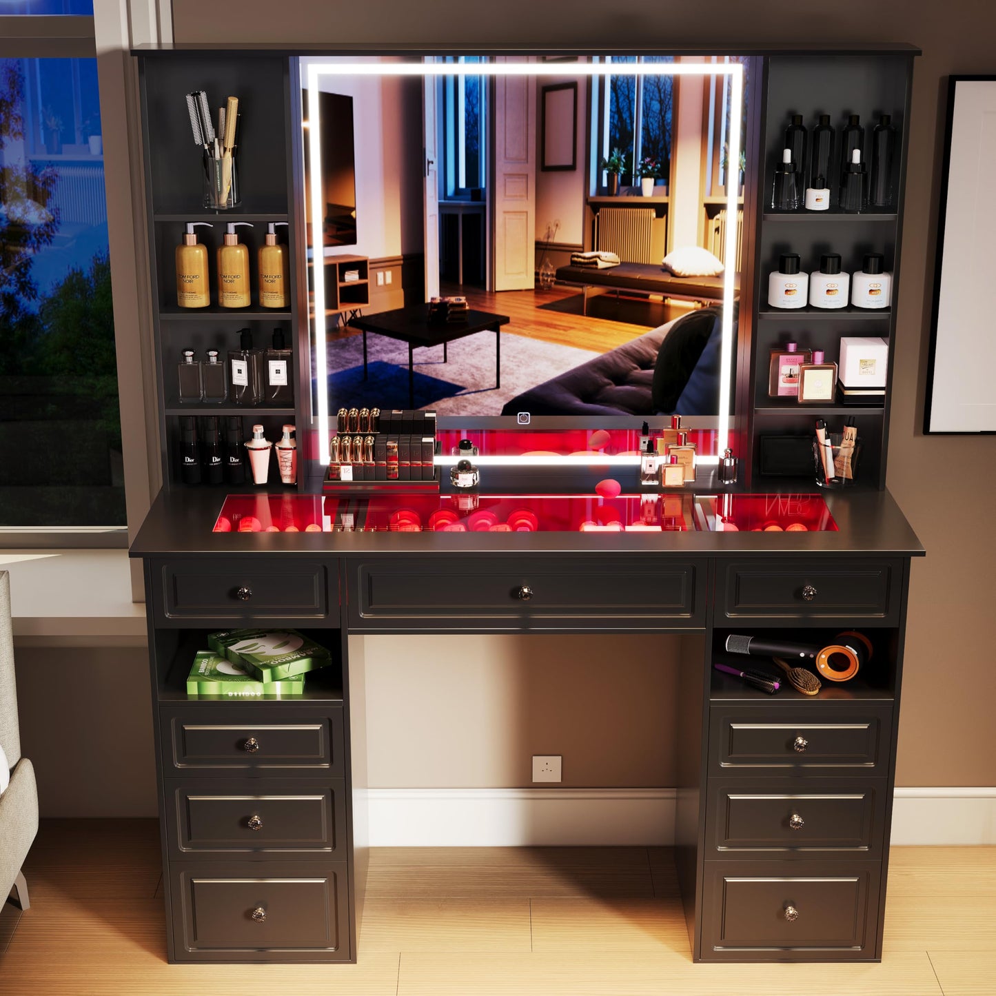Wildhome Vanity Desk with Mirror and Light, Glass Top Dresser with 9 Drawers, Vanity Table with Storage, Dressing Table, Bedroom Makeup Desk for Women (Black-Glass Top)