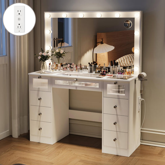 9 Drawers Makeup Vanity Desk with 36.9" Oversized Mirror and Lights, Vanity with Tempered Glass Top, Girls Make up Dressing Table with Power Outlet & 3 LED Lighted Acrylic Drawers Bedroom, White
