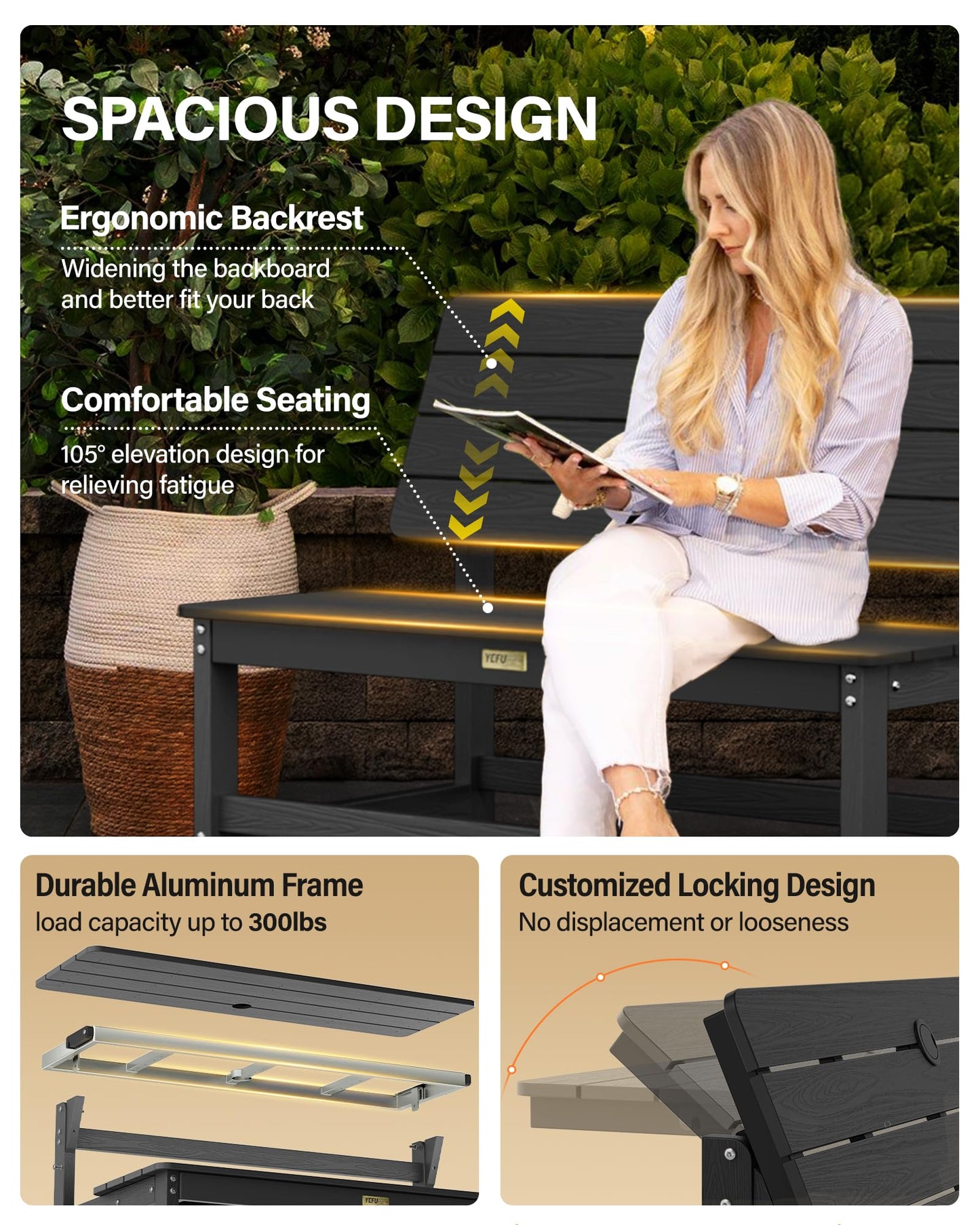 YEFU Convertible Bench Picnic Table: HIPS Convert a Bench with Umbrella Hole - Foldable Space-Saving Picnic Outdoor Benches for Outside Patio Porch Backyard Park Garden Black