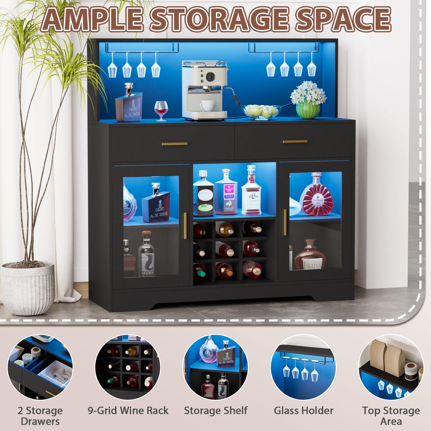 Wine Bar Cabinet with LED Light, Kitchen Coffee Bar Cabinet with Power Outlet, Home Liquor Cabinets with Glass Holder and Wine Racks, Modern Buffet Sideboard with Storage for Living Room, Kitchen