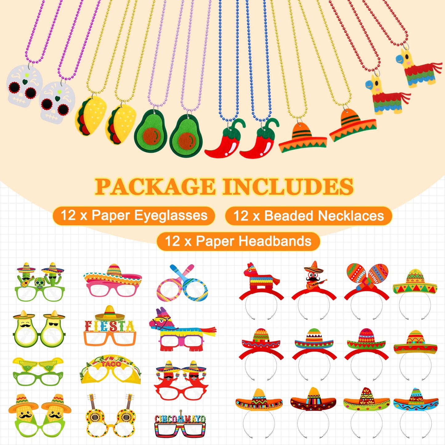 36 Pcs Mexican Fiesta Party Decorations Include 12 Sombrero Hats Headbands 12 Eyeglasses 12 Cinco De Mayo Necklaces Bead, Mexican Party Supplies Wear for Fiesta Party Wear Decorations Props Favors