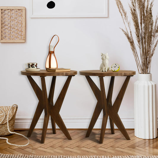 Ahokua Farmhouse End Table Set of 2 with Solid Wood Crossed Legs Round Boho Side Table Mid Century Modern Side Table Small Accent Table for Small Space Stable Nightstand for Living Room, Natural Wood