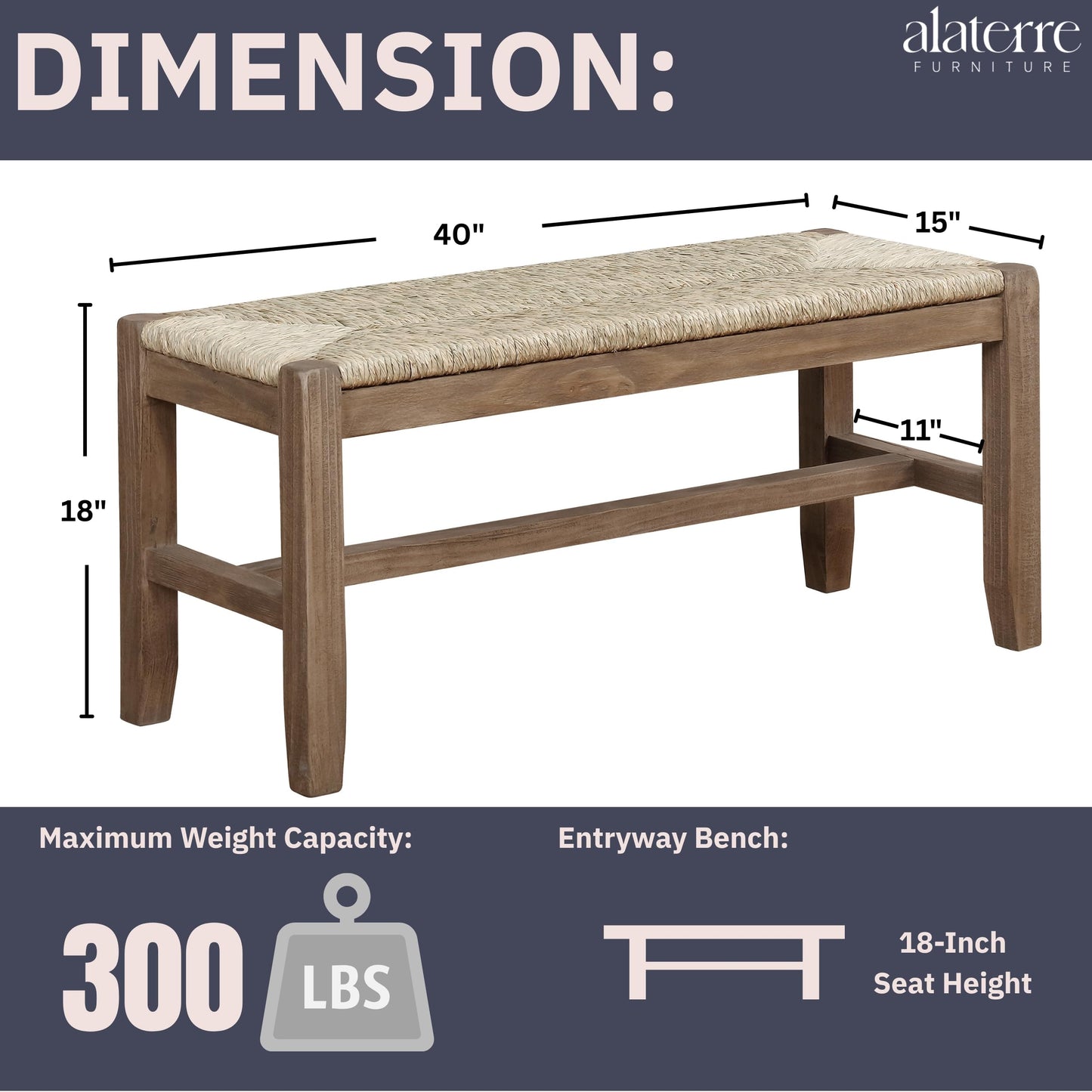 Alaterre Furniture Newport 40" Wood Bench with Rush Seat