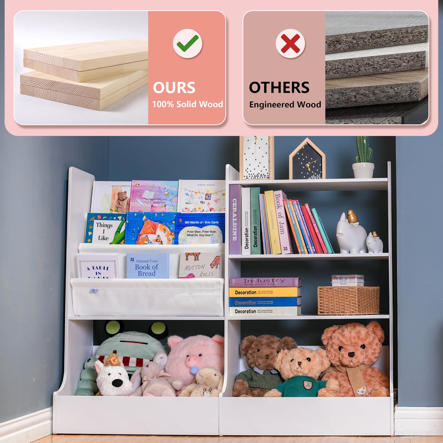 48.6" Large Solid Wood Kids Bookshelf, 3 Layer Sling Children Bookshelf, Baby Book Shelf With Toy Storage Organizer, Display Shelves, Toddler Bookcase For Kids Room, Library, Nursery, Playroom
