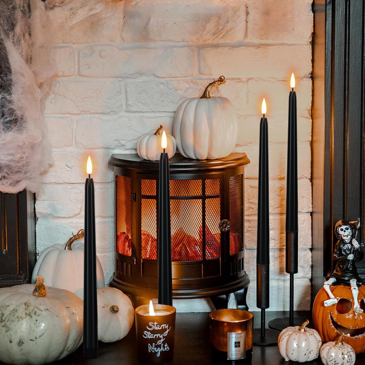 Wondise Halloween Flameless Taper Candles with Remote & Timer, 4 Pack Black Candles Battery Operated LED 3D Wick Flickering for Halloween Table Decorations