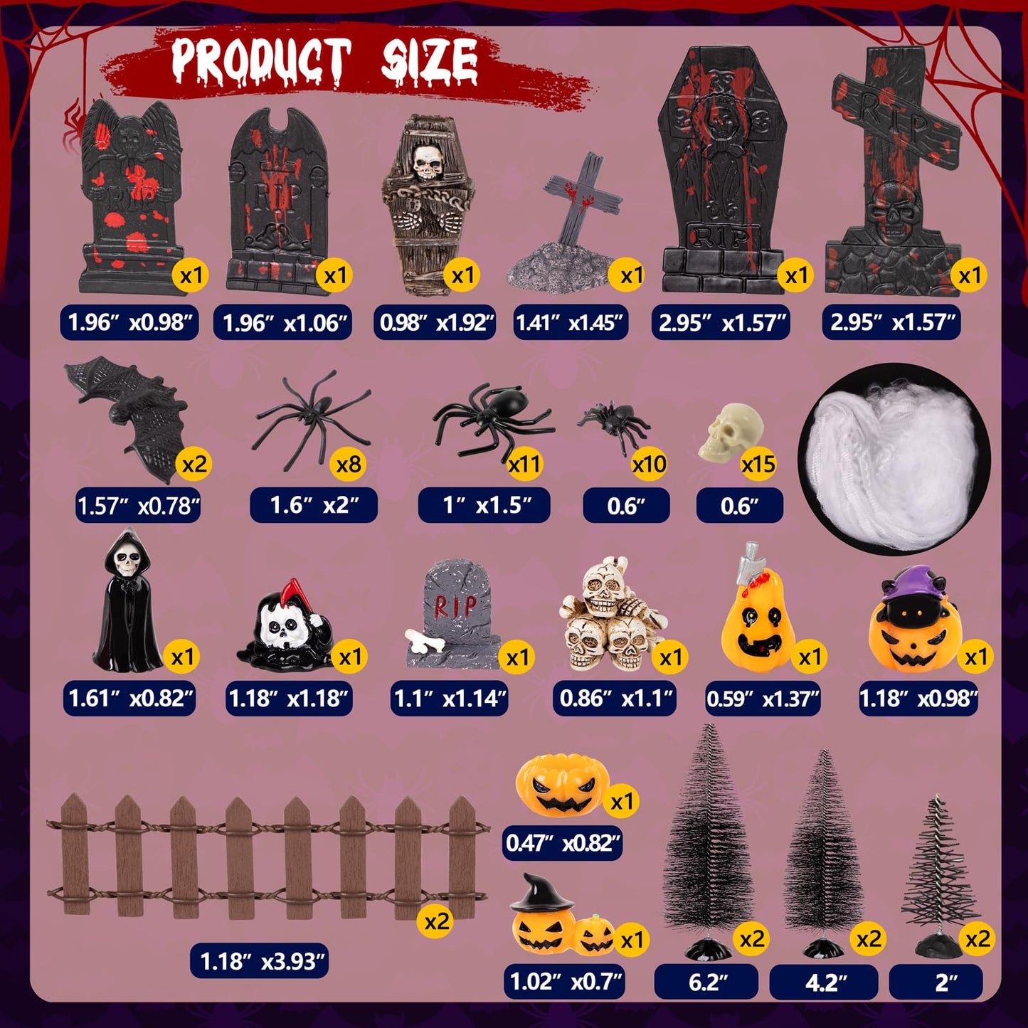 69Pcs Halloween Village Accessories Set Included Skeleton Pumpkin Spider Tree Coffin Skull Tombstone Bat Fence - Miniatures Figurines Decorations for Summerween Hallowmas Party Decor Tabletop