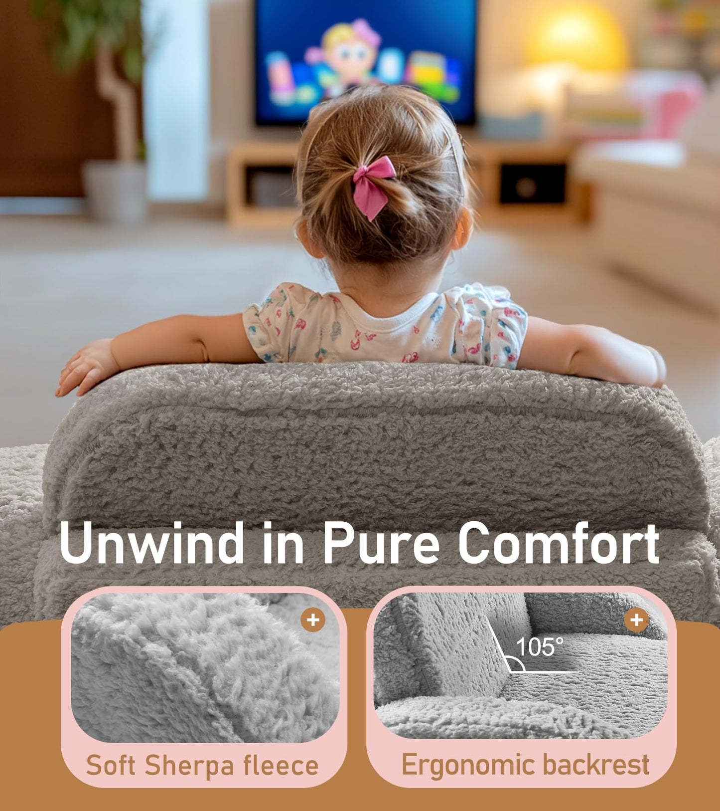 2-in-1 Sherpa Fold Out Kids Couch, Extra Wide Comfy Toddler Chair, Convertible Kids Sofa to Lounger, Foldable Toddler Couch with High Density Foam, Modern Kids Sofa Bed for Boys & Girls 3+, Gray
